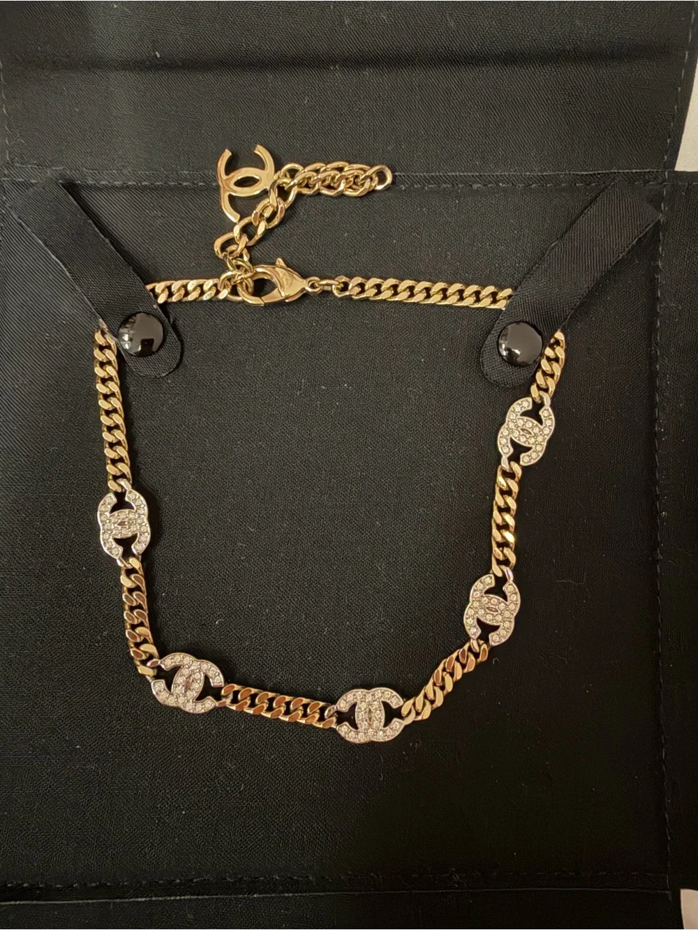 CHANEL Gold-Tone Chain Necklace with Pave Crystal CC Links